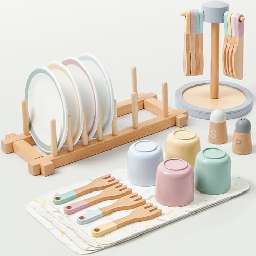 Atoylink Wooden Kitchen Toys, 33 PCS Kitchen Accessories Pots and Pans Playset Wooden Play Food Toys Role Play Toys Gift for Toddlers Girls Boys Age 3 4 5 6 Years