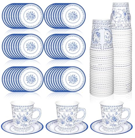 Whaline 80Pcs Blue White Floral Paper Tea Party Cups with Handles Chinoiserie Flower 9oz Disposable Teacups with Dessert Plates for Wedding Birthday Spring Tea Party