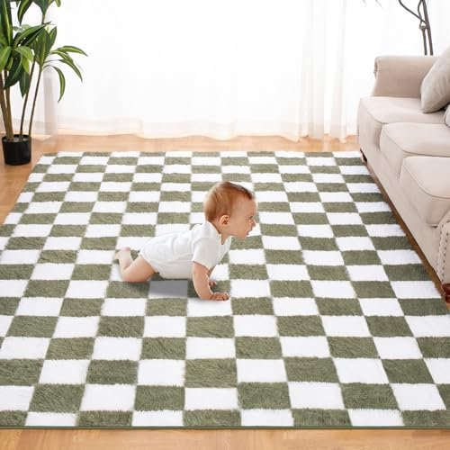 Superweicher Teppich für Schlafzimmer, 90 x 150 cm, Grün und Weiß, klassisch, kariert, zottelig, rutschfest, Hochflor, weich, flauschig, für Wohnzimmer, Schlafzimmer, Kinderzimmer, Wohnheim