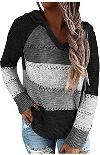 YCBMINGCAN Pullover Für Damen Mode Bluse mit Langen Kapuzen -Töpfen Frauen V-Ausschnitt Pulli lässige Winterpullover Damen Warm Elegant (Black, L)