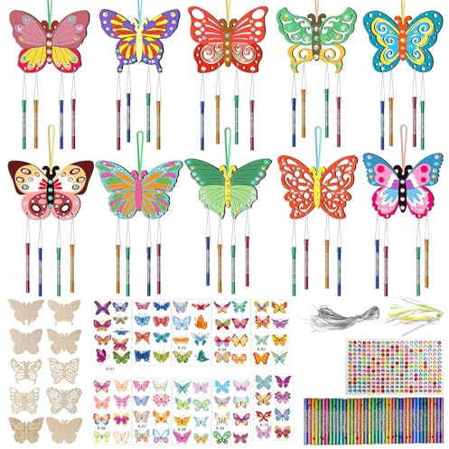 NVGVUP 10 Stück 3D Schmetterling Windspiel Bastelset, Kinder Holz Schmetterlingdeko Bastelhandwerk, Doppelseitig Kreative Bemalbar Basteln, Kindergeburtstag Deko Garten Kreative für Jungen Mädchen