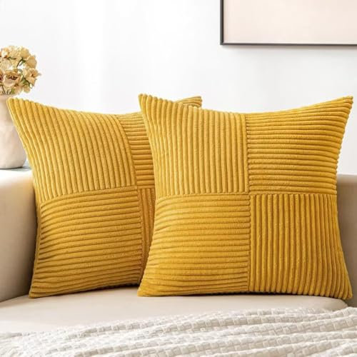 Bettschlange Kissenbezug 45 x 45 cm, 2er Set Kordsamt Kissenbezüge, Kissenhülle Dekokissenbezug Zierkissenbezug Dekokissen Sofakissen für Sofa Schlafzimmer Wohnzimmer Balkon Sessel,Helles Gelb