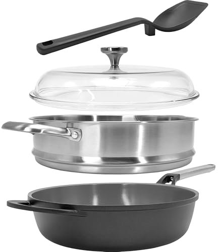 Everything Pan 5 Quart Nonstick Ceramic Pan, Always Pan All-in-One Set with Domed Glass Lid, Steamer Colander and Spoon, Dishwasher Safe, PFOA Free (GRAY, 5QT)