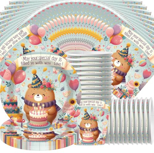 Baby Plüschbär Partygeschirr Set,Doyomtoy Serve 20 Gäste Bärchen Geburtstag Partygeschirr,Teller,Tassen,Servietten für Partyzubehör Geburtstag