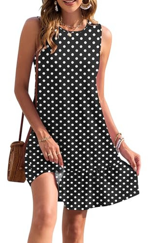AUSELILY - Vestidos de verano para mujer, con volantes, estilo informal, para playa, sin mangas, con bolsillos, Puntos negros, L