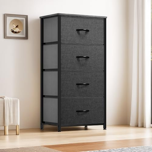 YITAHOME Kommode,Kommode mit 4 Schubladen,Schrank,Stoffschubladen mit Griffen,Metallgestell,Dauerhaft,Schwarz Grau