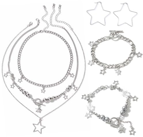 HTTDSLF 5 Stück Silberne Stern-Halskette, Damen-Ohrstecker Halskette, Y2K-Schmuckset, Kawaii niedliche Halsketten Ästhetischer Vintage Emo Schmuck