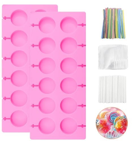 2 Pack Silicone Lollipop Molds,12 Cavities Lollipop Moulds with 100 Lollipop Sticks and 100 Ties and 100 Bags,Baking Lollipop Mold for Making Jelly,Chocolate,Lollipops