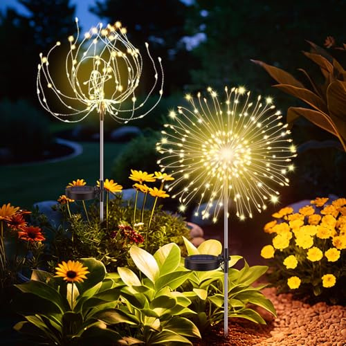 Ddlisu 2er-Pack Solarleuchten für den Garten, Löwenzahn Solarfeuerwerk 120 LEDs, 8 Modi Starburst Light, Gartenlampe wasserdicht für Rasen Patio Yard Party Hinterhof Dekoration/warmes Weiß