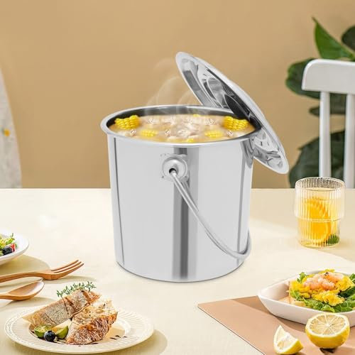 6L Edelstahl-Kücheneimer mit Deckel, Milchkanne mit Großem Fassungsvermögen Versiegeltem – Verstärkter Griff & Anti-Rutsch-Design für Kochen/Aufbewahrung, Rostfrei & Leicht zu Reinigen