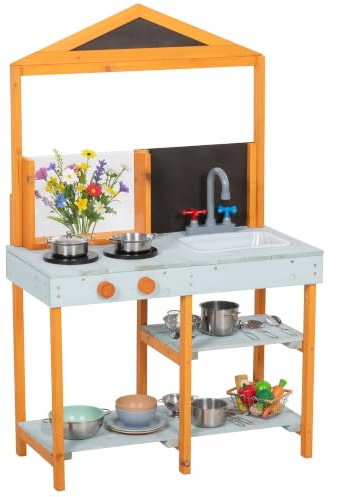 AIYAPLAY Matschküche Outdoor Spielküche mit Herd 3-8 Jahren Hellblau | Holz Kinderküche, Abnehmbare Spüle, Regale, Wasserhahn, 4 Edelstahlschüsseln, 3 Schaufeln