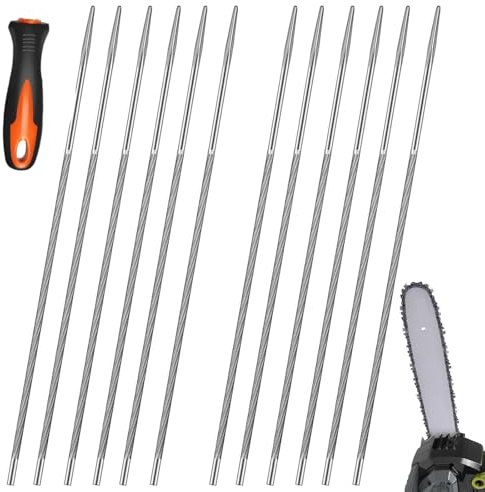 12 Piezas 4mm Lima Redonda de Motosierra, con 1 Asa Plástico | Lima Redonda de Acero, Limas de Motosierra con Asa, para Afiladores de Cadenas y Reparación de Motosierras