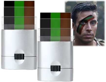 Camo Face Paint, 3 Color Face Paint Sticks, Green Camouflage Army Face & Body Paint, Non-Toxic Waterproof & Sweat-Resistant for Halloween Costumes Outdoor Activities Hunting Sports,2PCS