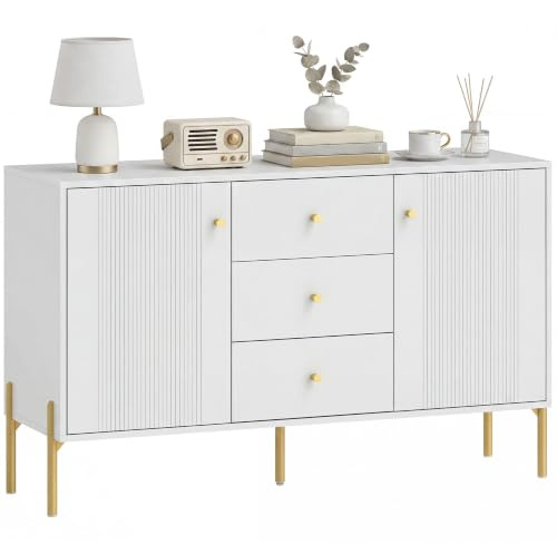 HOMCOM Buffet Cuisine Meuble de Rangement 2 Portes 120x39,1x76 cm Blanc | 3 Tiroirs Silencieux, 2 Étagères Réglables, 5 Pieds en Acier, Style Moderne, pour Salon et Chambre