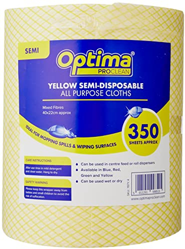 Optima Proclean Lightweight All Purpose Cleaning Cloth, Wiping, 22 x 44cm, 1 x 350 Cloths On A Roll, Yellow