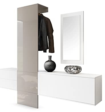 Vladon Garderobe Wandgarderobe Carlton Set 1, Made in Germany, Korpus in Weiß matt/Paneel in Sandgrau Hochglanz