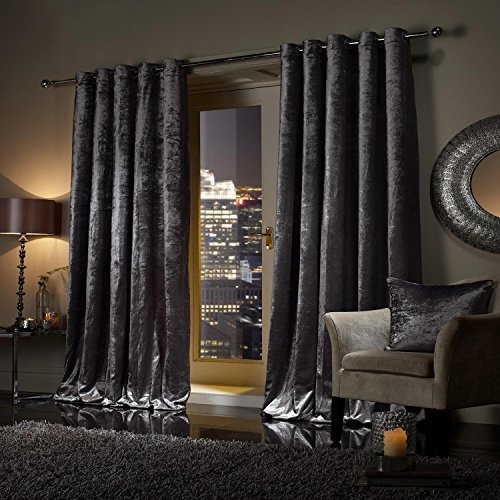 viceroy bedding Pair of Heavy Crushed Velvet Curtains EYELET RING TOP Fully Lined Curtains CHARCOAL Dark Grey Silver 46 Width x 72 Depth