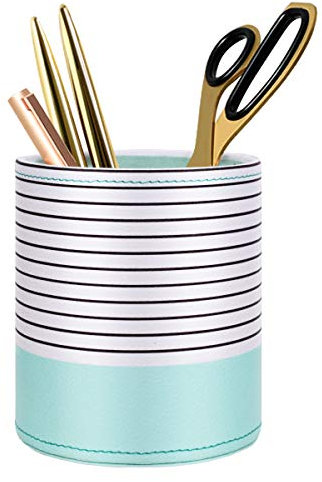 WAVEYU Pen Holder, Pencil Cup Pot Desk Organizer Multi Purpose Use Cute for Adults Kids Luxury Leather Makeup Brush Holder for Home, Office, Classroom, Stripes Mint Green