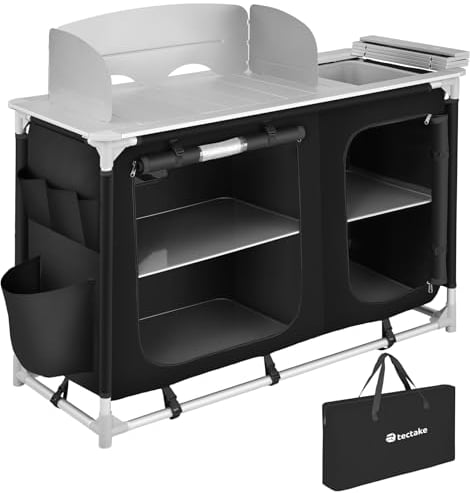 TecTake® Meuble de Rangement Cuisine de Camping Luxueuse Pliable en Aluminium, avec 4 Étagères, Plan de Travail, Pieds réglables, Sac de Transport Inclus, Stockage pour Vaisselle, Accessoires Cuisine