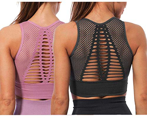 LOVELYBOBO 2 Pack Damen Nahtlos Yoga Sport-BH Ohne B¨¹Gel mit Polstern - Komfort Klassische Fitness Training Bustier Bra Top (schwarz +pink)