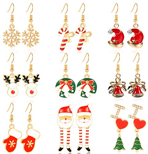 HOWAF 9 Orecchini Pendenti Natale per Donne Ragazze Regali Gioielli Natale Dangle Goccia Orecchini, Fiocchi di Neve Guanti Renna Albero di Natale Babbo Cappello Campana Ghirlanda Canna Orecchini