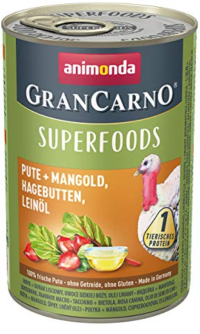 animonda Gran Carno adult Superfoods Hundefutter, Nassfutter für ausgewachsene Hunde, Pute + Mangold, Hagebutten, Leinöl, 6 x 400 g, 6er Pack (6 x 0.4 kilograms)