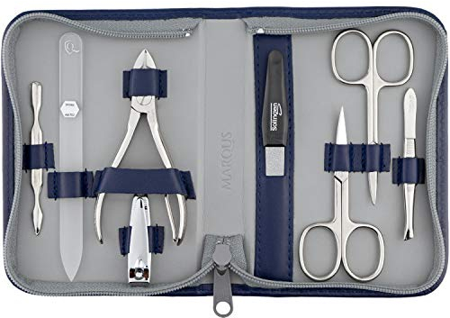 marQus Solingen Maniküre Set mit Nagel-Zange und Glasfeile 8 teilig - Nagelset in hochwertigem Lederetui - Vollwertiges Kit für Frau und Mann, Blau