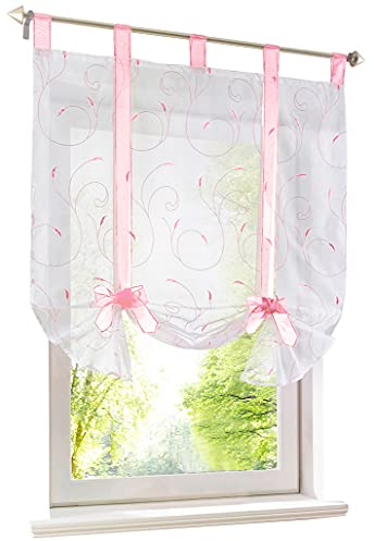 BAILEY JO Raffrollo mit Schlaufen Band Raffgardinen Voile Transparent Stickerei Vorhang 1er-Pack (BxH 100x140cm, Pink)