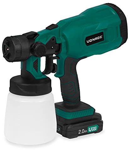 VONROC Pistola de Pintura inalámbrica - 20V, Capacidad de 800ml, Incl. 1 batería de 2,0 Ah, Cargador rápido y Accesorios