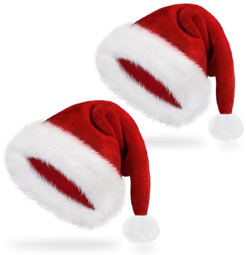 2 PCS Santa Hats for Adults Luxury Father Christmas Hats Bulk Plush Xmas, Velvet Comfy Santa Claus Outfit for New Year Festive Party Supply, Thicken Classic Fur Decorations