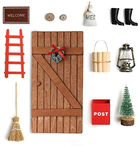 AmzKoi Wichteltür Zubehör Weihnachten, Weihnachtswichtel Tür Set Feentür aus Hölz mit 12 Zubehör, Nissedor Weihnacht Dänische Deko für Kinder