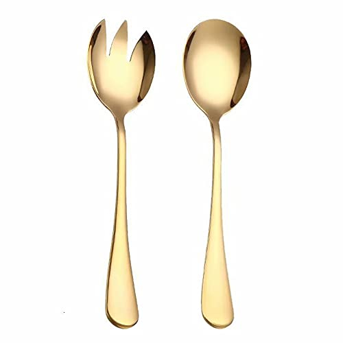 ARFUKA 2pcs Stainless Steel Salad Set - Heavy Duty Salad Tongs and Spoon & Fork in Gold