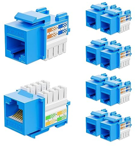 Iwillink 10Gbps Cat6 Keystone Jack 10-Pack, RJ45 90-Degree Ethernet Coupler, Punch Down Adapter (Blue)