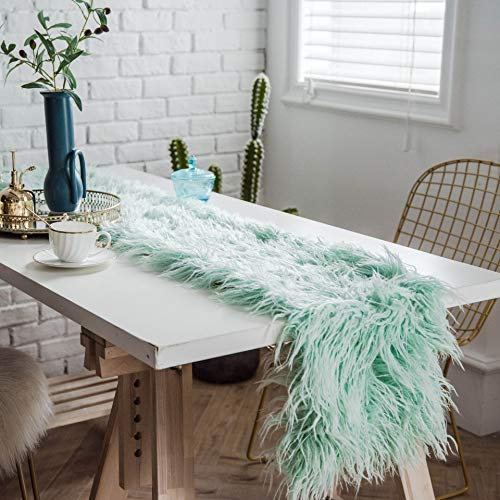 Ricemru Tischläufer Fell Mint Flauschig 30x300 Tischband Lammfell Kunstfell Lang Haare Herbst Modern Tisch Läufer Home Decor für Hochzeit Party Weihnachten
