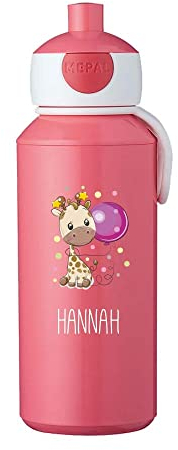 4youDesign Pinke Trinkflasche -Giraffe- für Kinder, personalisiert mit Namen, in 6 Farben – Pop-up Flasche für Schule und Sport – Geschenkidee zur Einschulung