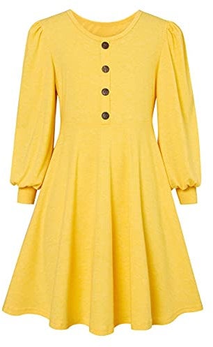 SFreeBo Yellow Cotton Twirly Skater Dress for Girls - Long Sleeve T-Shirt Dress, Solid Color, Casual, 13 Years