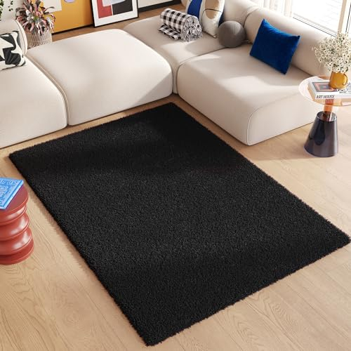 TAPISO Essence Teppich Hochflor Langflor Shaggy Schwarz Rechteckig Super Weich Felloptik Schlafzimmer Wohnzimmer ÖKO-TEX 200 x 300 cm