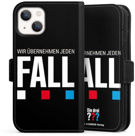 Klapphülle kompatibel mit Apple iPhone 13 Mini Handyhülle aus Kunst Leder schwarz Flip Case Die DREI ??? Statement Die DREI Fragezeichen