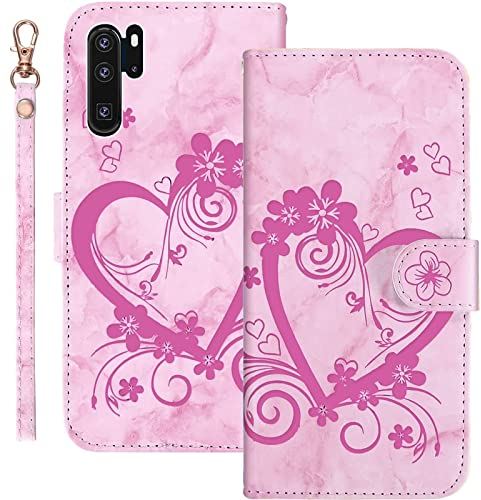 Bartern Handyhülle für Huawei P30 Pro/P30 Pro New Edition Klappbar,Herz(Liebe)+ Blumen Hülle,PU Leder Wallet Schutzhülle Tasche Klapphülle mit Kartenfach Magnetverschluss Standfunktion,Rosa