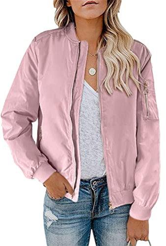 Minetom Blouson Bomber Femme Manteau Mince Biker Moto Zipper Court Veste Printemps Été Blouson Court Zipper Jacket Poches Outwear B Rose S