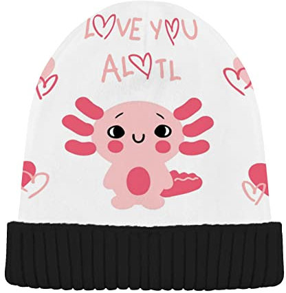 Axolotl Salamander Herren Neuheit Beanie Mütze Love You Damen Winter Strickmütze Schwarz, Schwarz , 62