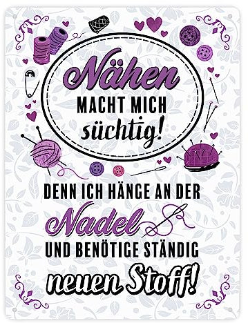 Nähen macht mich süchtig Metallschild XXL in 28x38 cm als Dekoration für das Nähzimmer von Mama und Oma mit makabrem Witz über Drogen