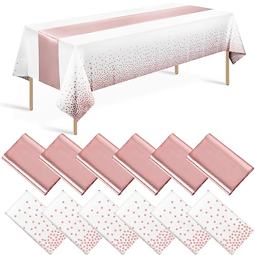 Lot de 12 nappes et chemins de Table en Plastique Blanc et Or Rose jetables et Chemin de Table satiné pour Mariage, Anniversaire, fête prénatale, Anniversaire de Mariage