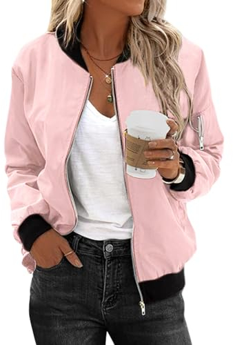 Zeagoo Veste Bomber Femme à Manches Longues Veste Universitaire Légère Veste de Transition Aviateur avec 2 Poches Fermeture Éclair Veste Motard Blouson Rose pour Printemps Été Automne L