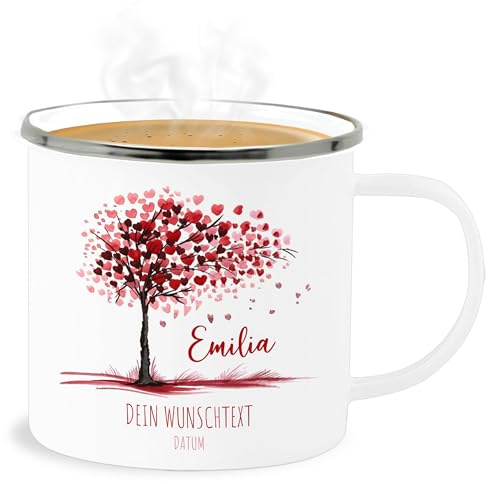 Emaille Becher Blechbecher - Lebensbaum Geschenk Geburt I Geschenk Taufe I Taufgeschenk Kommunion I Geburtsdatum Konfirmation - 300 ml - Weiß Silber - tasse taufgeschenke emilia geschirr