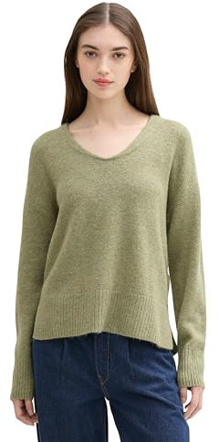 TOM TAILOR Denim Damen Cosy Strickpullover mit V-Ausschnitt, 35920 - Greyish Green Melange, M