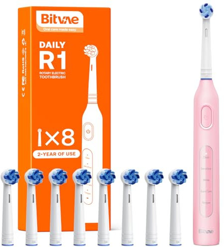 Brosse à dents électrique pour Adultes et Enfants,Brosse à dents Rotative avec 8 têtes de Brossage, 60 jours d'autonomie de la Batterie, 5 Modes, Rose