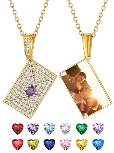 Supcare Gold Kette mit Foto, Geburtsstein-Halskette mit Bild, Damen-Halskette mit Umschlaganhänger, Fotokette CZ Envelope Umschlagkette, Personalisierter Schmuck für Jahrestag