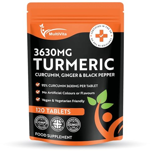 Multivita Turmeric Curcumin Plus Ginger and Black Pepper Tablets | 120 x 3,630mg High Strength Vegan Tumeric Supplement (Not Capsules or Powder) Natural Joint Aid UK Made GMP