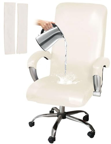 HOMECOVER Elástica Funda para Silla De Oficina Impermeable, Universal De Piel Sintética Giratorio Cubiertas De La Silla De La Computadora con Fundas De Reposabrazos Extraíble-Blanco-XL